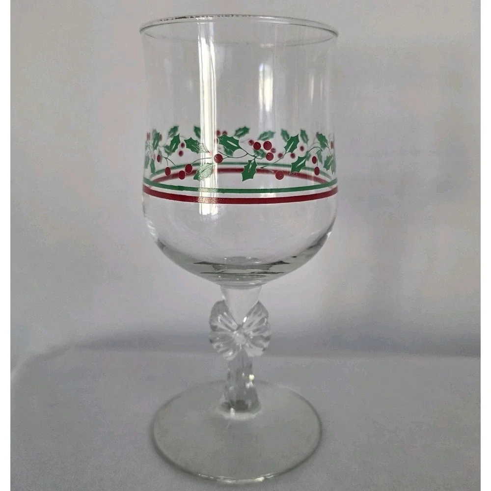 Arby's Libbey 1987 Holly & Berries Bow Stemmed Water Wine Glasses Set Of‎ 8